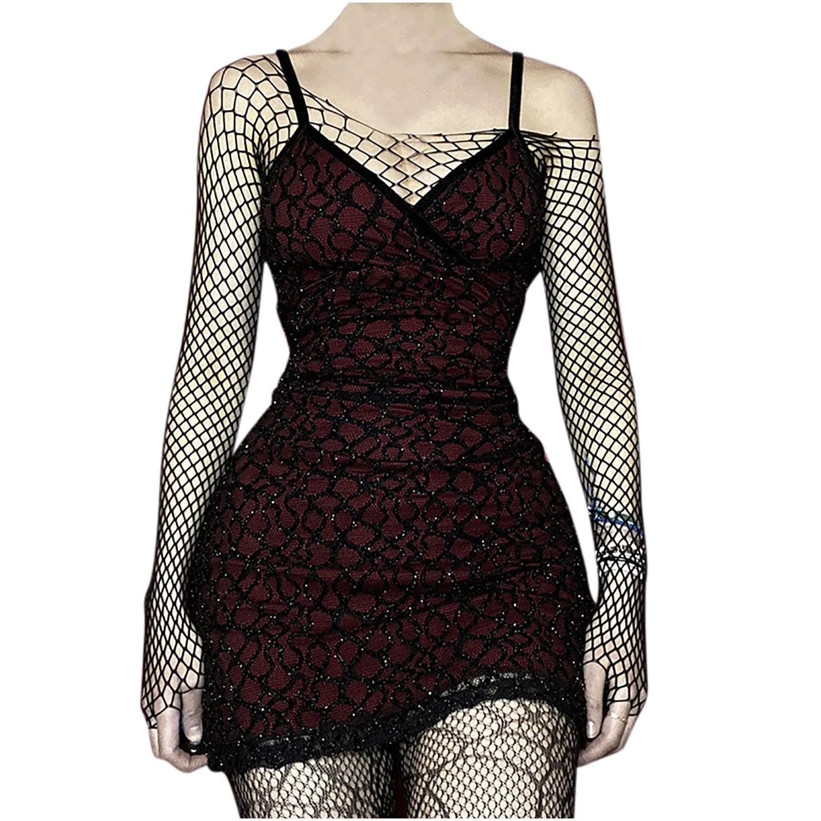 VenusFox Women's Gothic Style V-neck Dark Sexy Red Mesh Sling Mini Dress Casual Wrap Streetwear Women Goth Punk Gothic Harajuku dresses