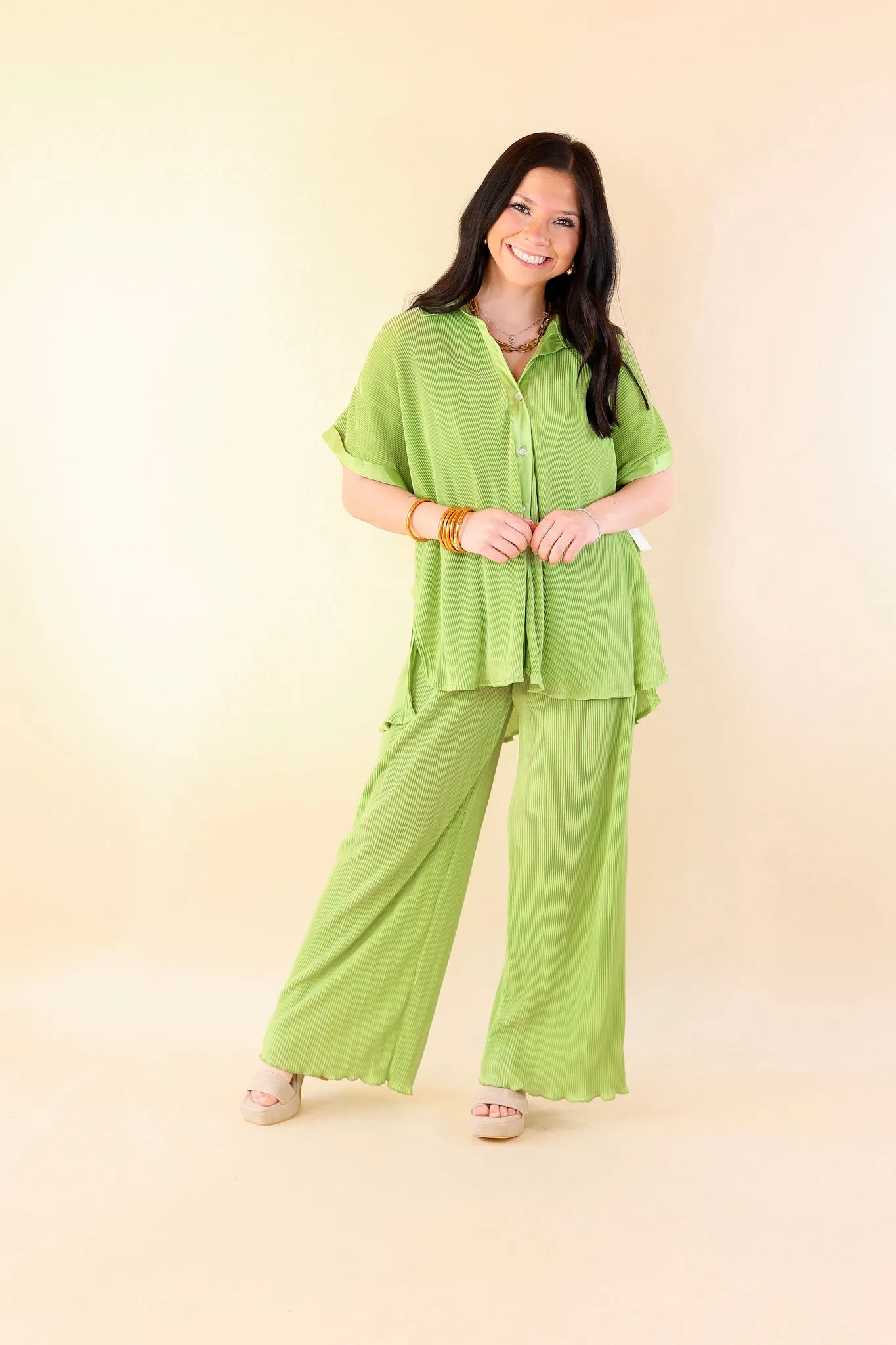 Walking In Paradise Plissé Button Up Top in Green