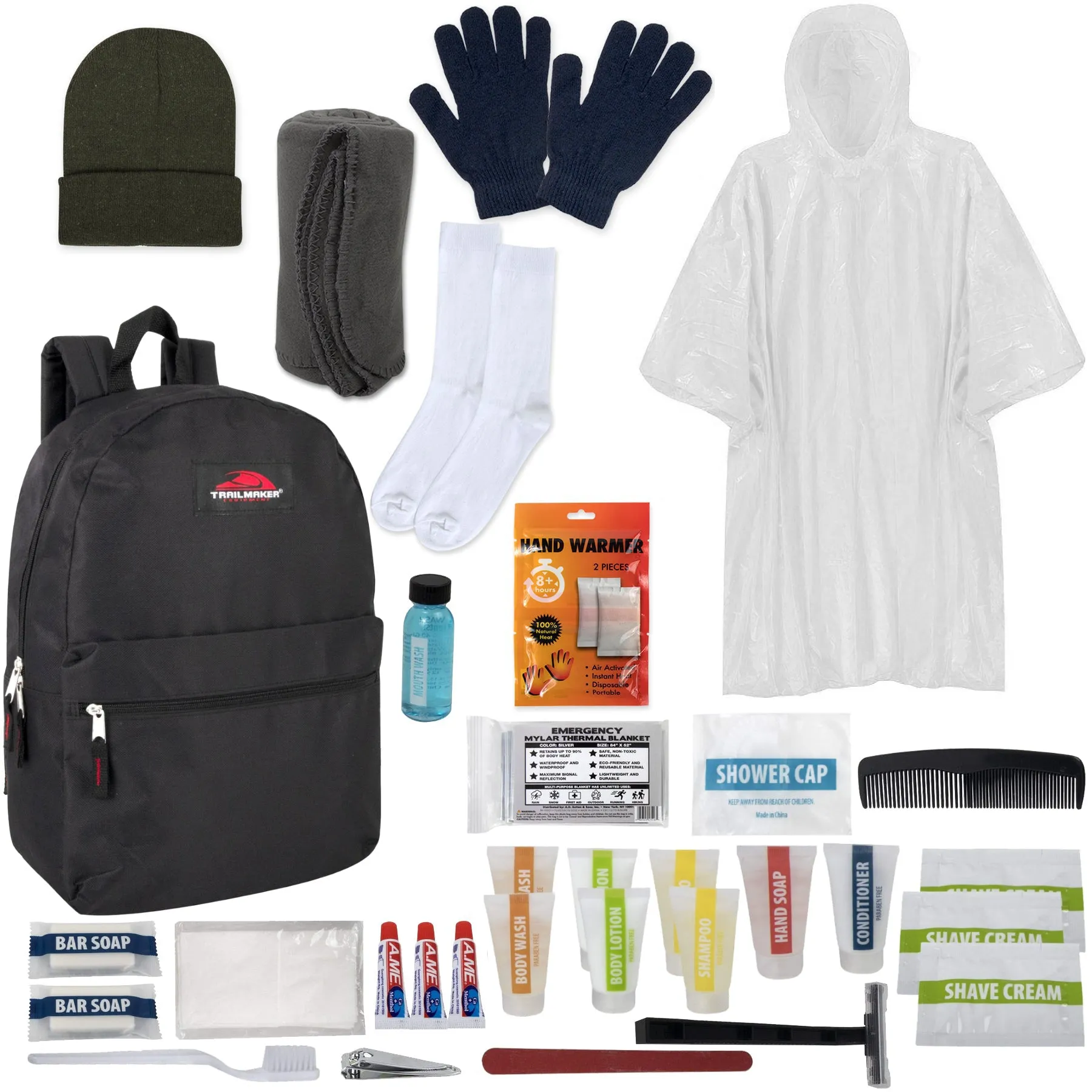 Warm Essential 34-Piece Homeless Care Hygiene Kit with Backpack, Poncho, Socks