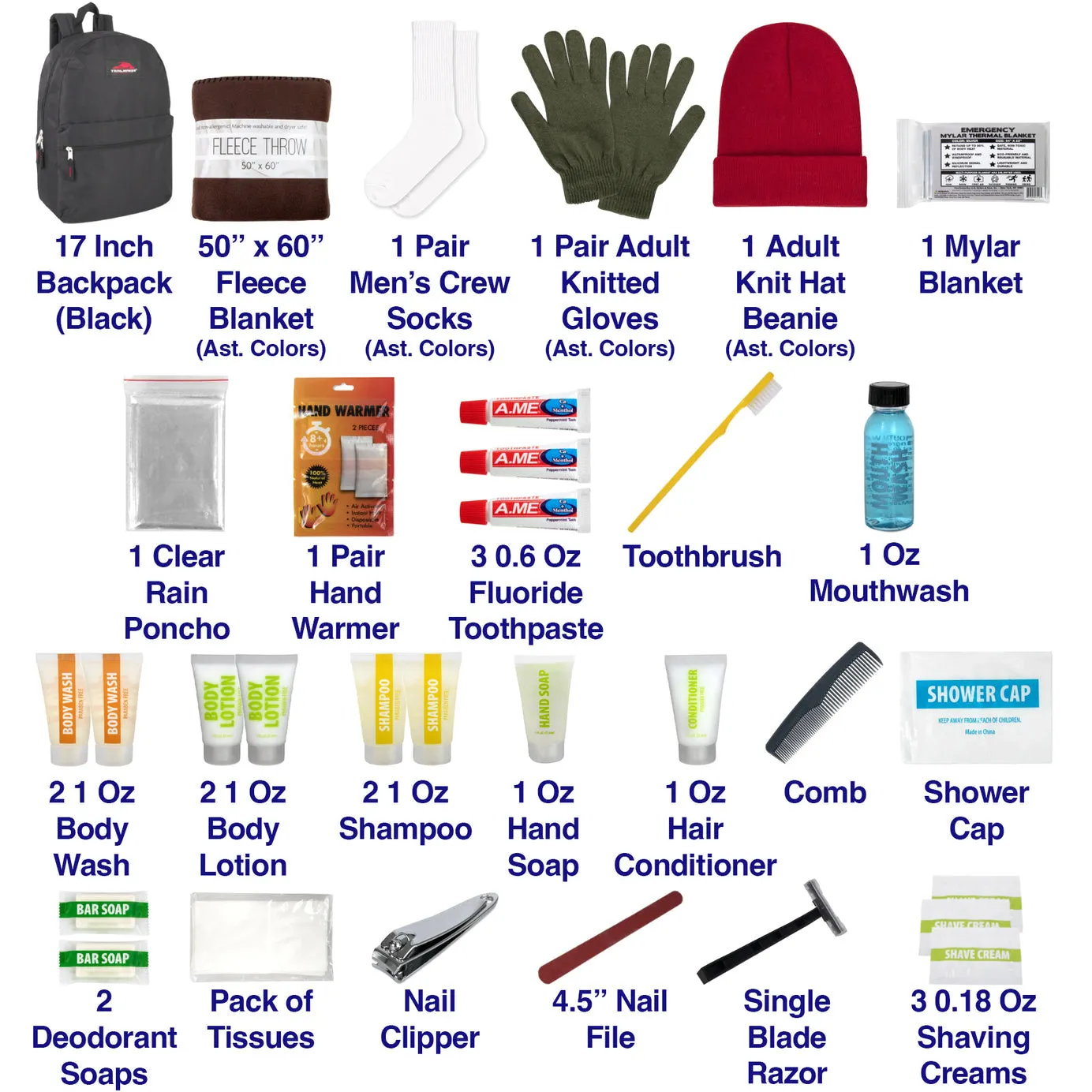 Warm Essential 34-Piece Homeless Care Hygiene Kit with Backpack, Poncho, Socks