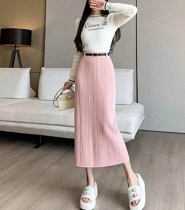 Wenkouban 2000s fashion Knitted Skirt for Women Autumn and Winter New High-Grade Elastic Belt Belt Draping Pit Straight Skirt One-Step Skirt