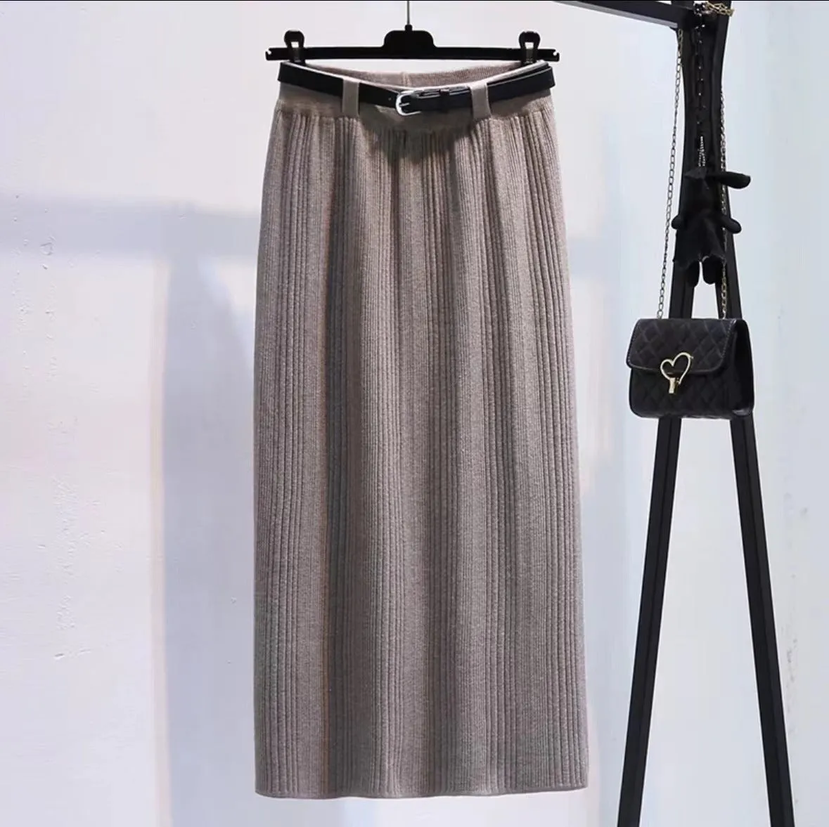 Wenkouban 2000s fashion Knitted Skirt for Women Autumn and Winter New High-Grade Elastic Belt Belt Draping Pit Straight Skirt One-Step Skirt