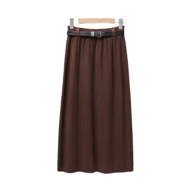 Wenkouban 2000s fashion Knitted Skirt for Women Autumn and Winter New High-Grade Elastic Belt Belt Draping Pit Straight Skirt One-Step Skirt