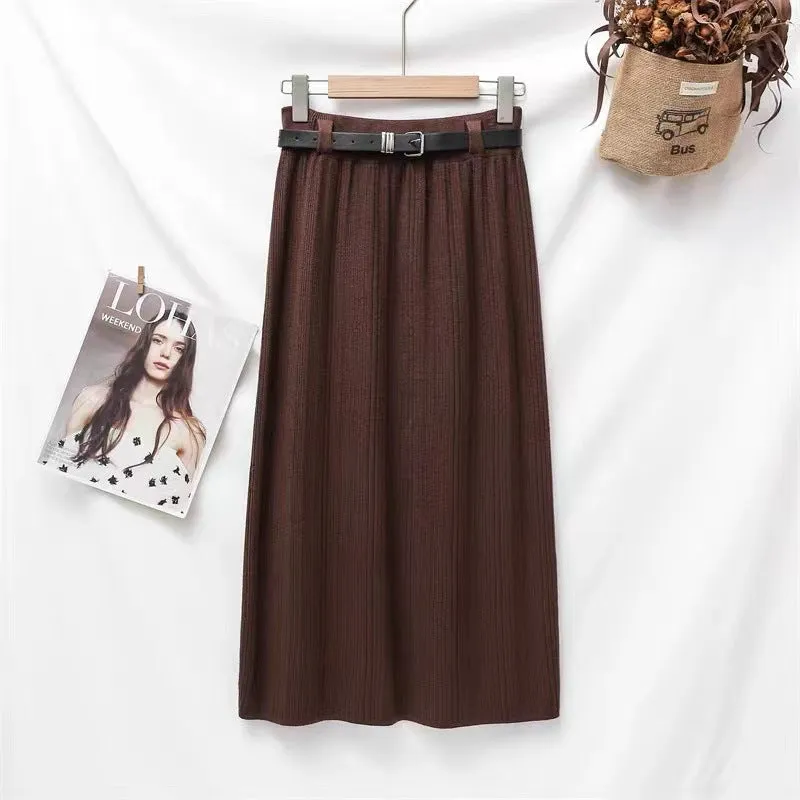 Wenkouban 2000s fashion Knitted Skirt for Women Autumn and Winter New High-Grade Elastic Belt Belt Draping Pit Straight Skirt One-Step Skirt