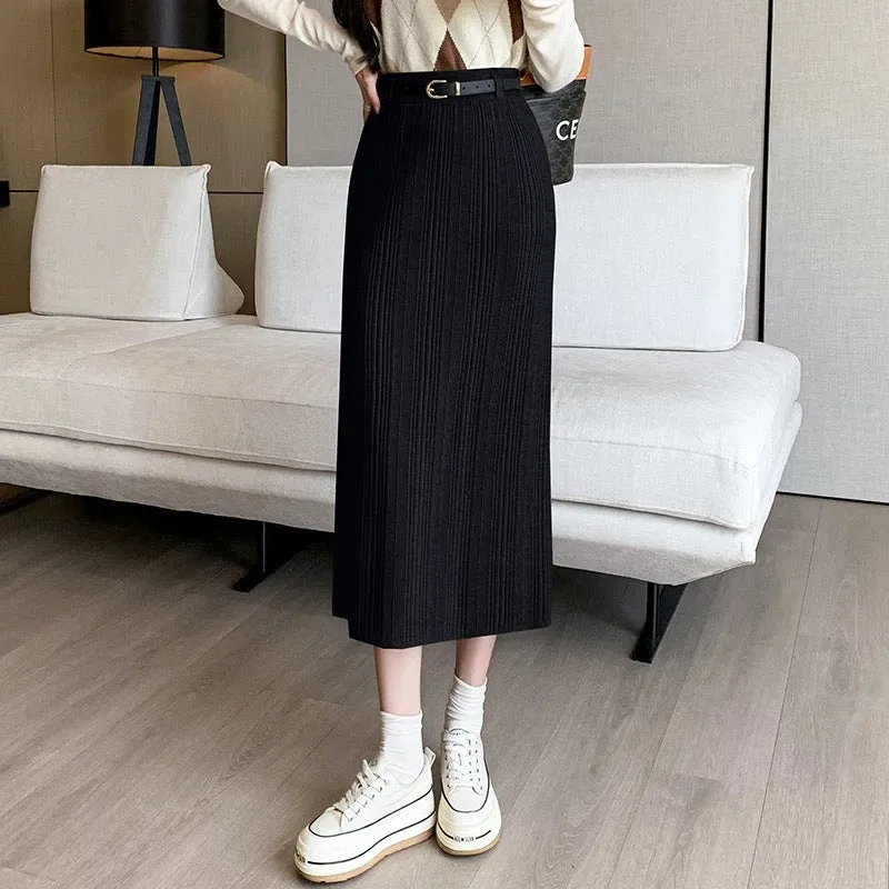 Wenkouban 2000s fashion Knitted Skirt for Women Autumn and Winter New High-Grade Elastic Belt Belt Draping Pit Straight Skirt One-Step Skirt