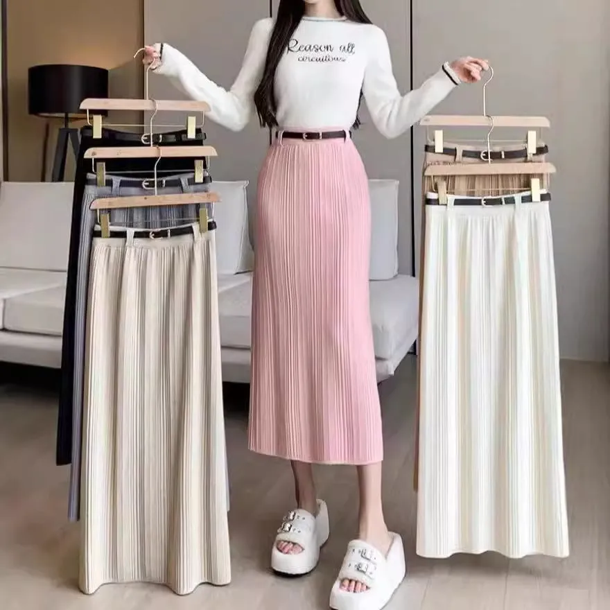 Wenkouban 2000s fashion Knitted Skirt for Women Autumn and Winter New High-Grade Elastic Belt Belt Draping Pit Straight Skirt One-Step Skirt