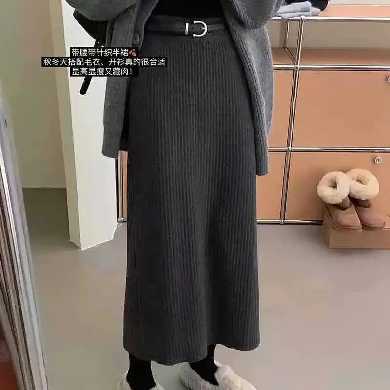 Wenkouban 2000s fashion Knitted Skirt for Women Autumn and Winter New High-Grade Elastic Belt Belt Draping Pit Straight Skirt One-Step Skirt