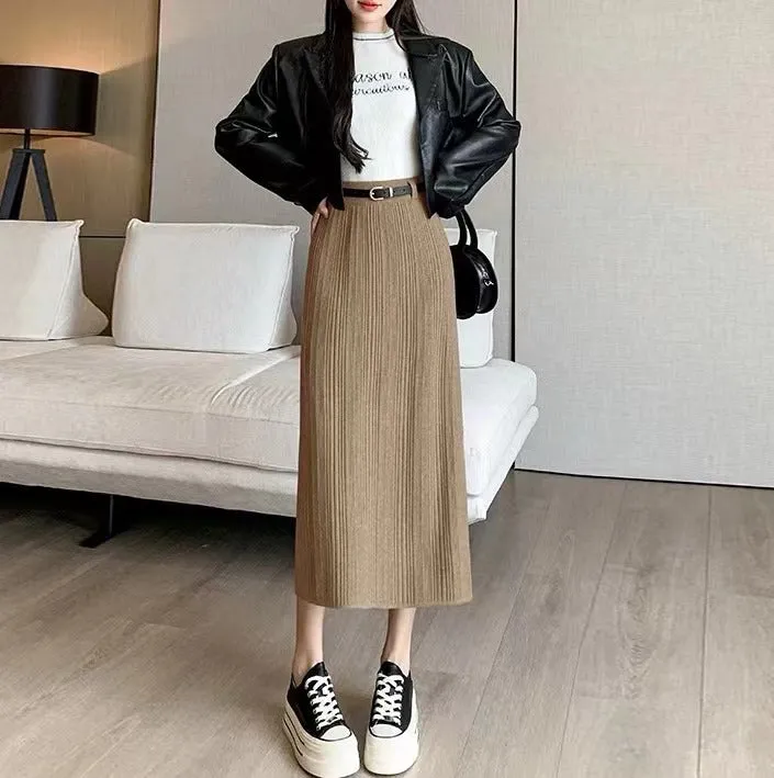 Wenkouban 2000s fashion Knitted Skirt for Women Autumn and Winter New High-Grade Elastic Belt Belt Draping Pit Straight Skirt One-Step Skirt