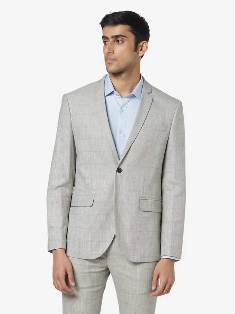 WES Formals Beige Slim Fit Checkered Blazer