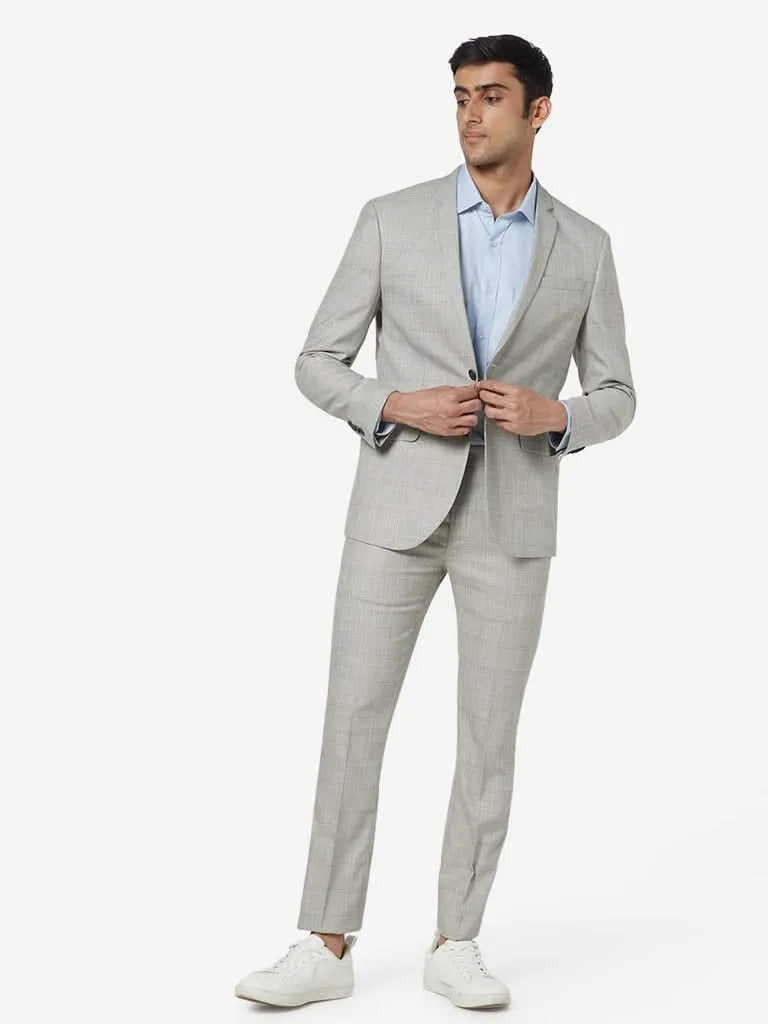 WES Formals Beige Slim Fit Checkered Blazer