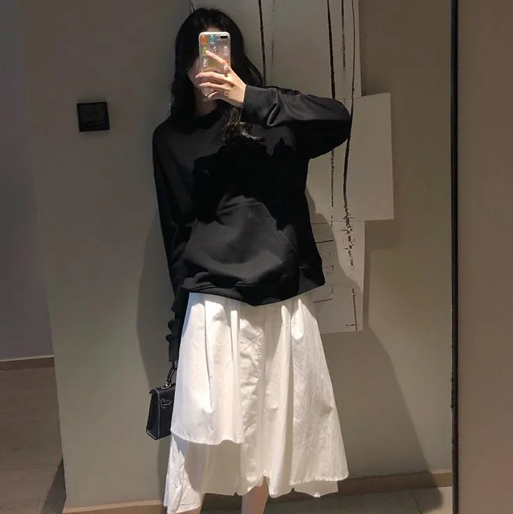 White Black High Waist Irregular Light Midi Skirt