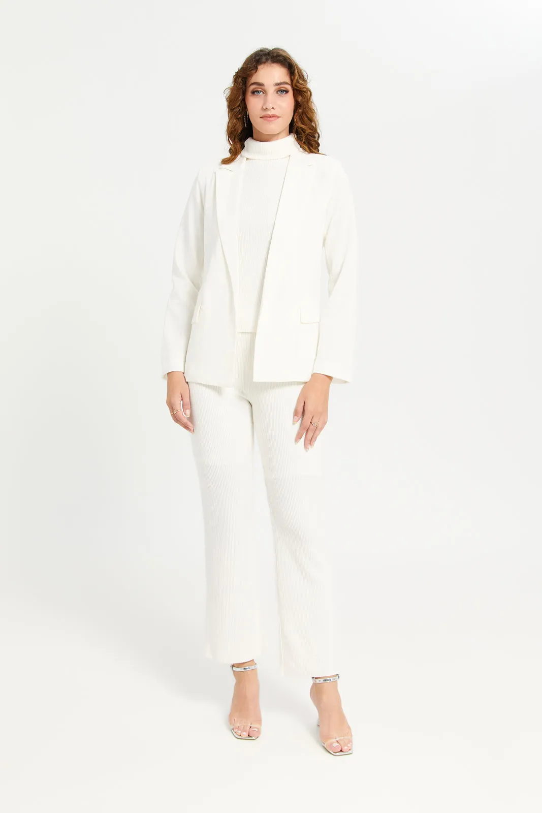 Women Cream Plain Linen Open Blazer