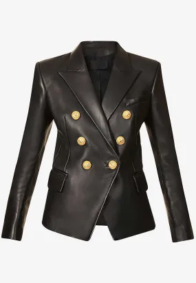 Women’s Black Leather Blazer Golden Button