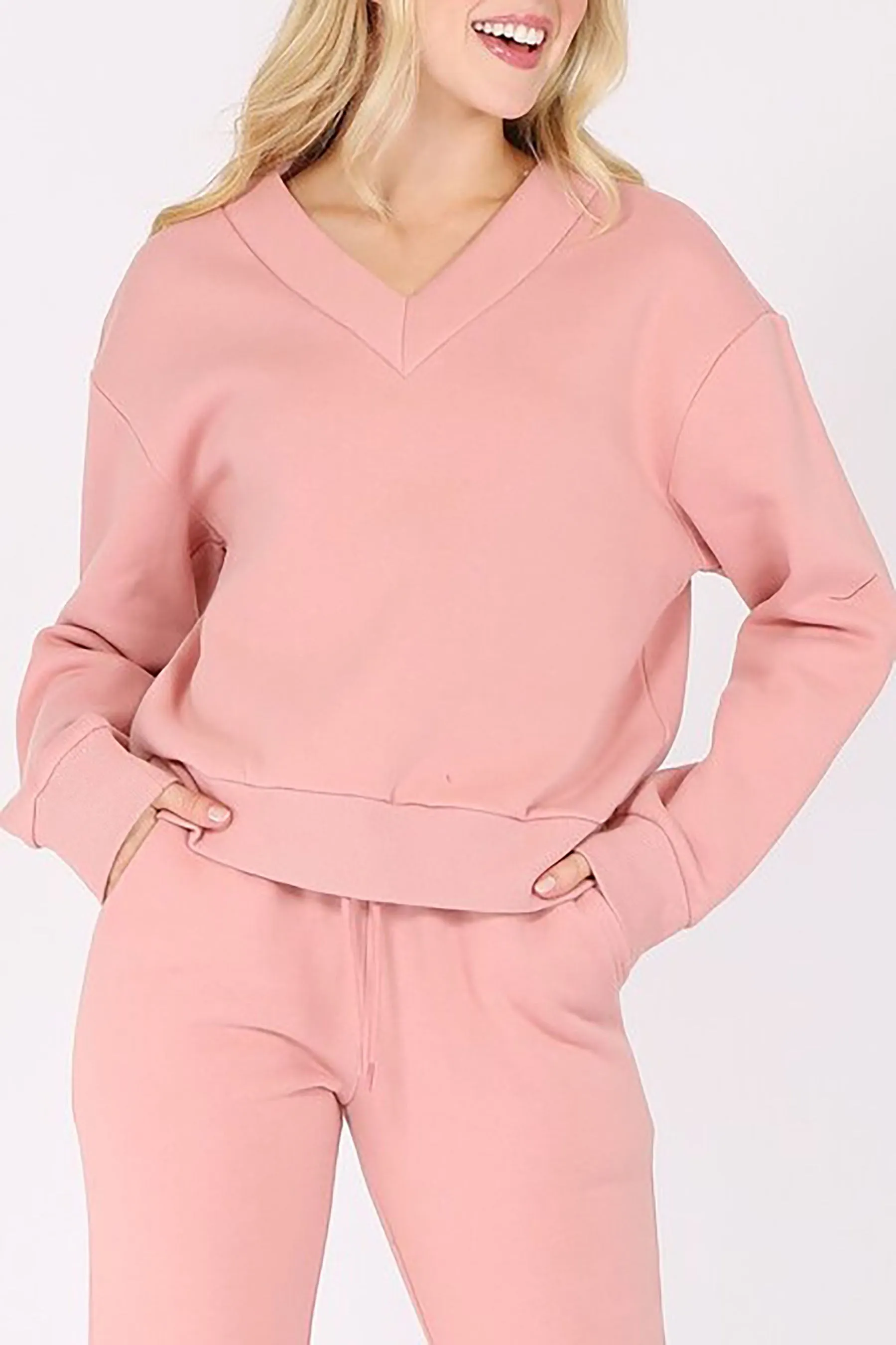 Women's Long Sleeve V Neck Fleece Sweatshirt