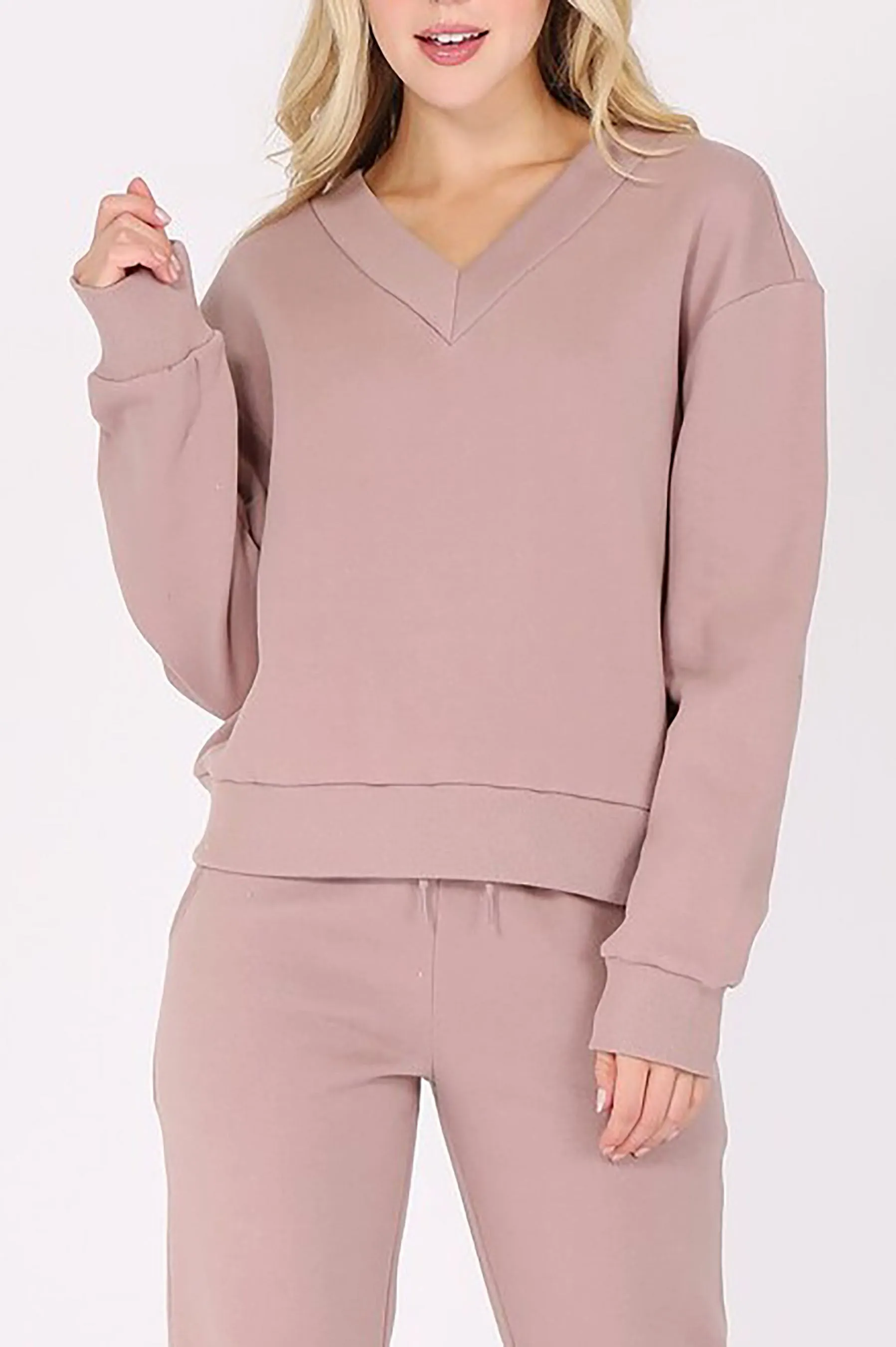 Women's Long Sleeve V Neck Fleece Sweatshirt