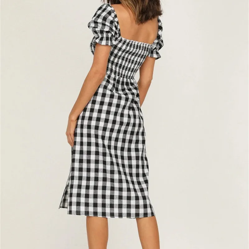 Women’s Square Neck Plaid Printed Puff Sleeve Split Dress