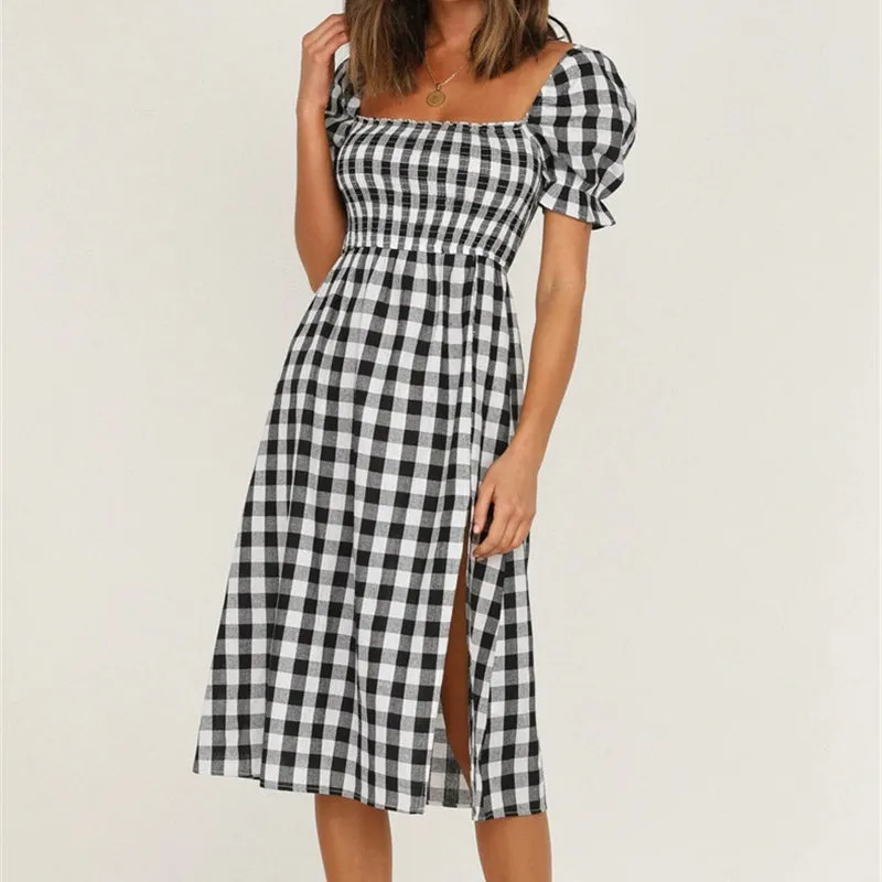 Women’s Square Neck Plaid Printed Puff Sleeve Split Dress