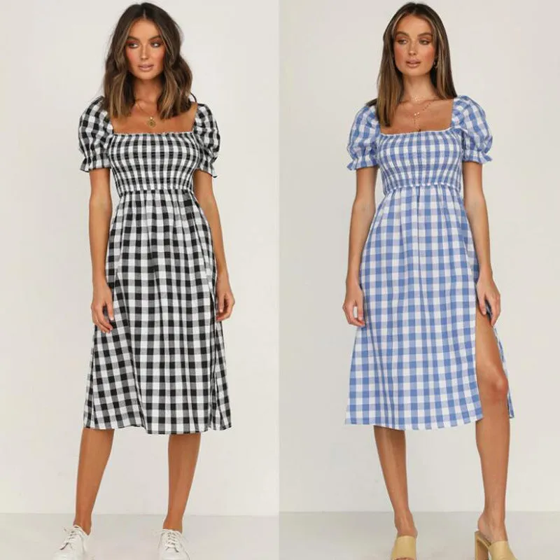 Women’s Square Neck Plaid Printed Puff Sleeve Split Dress