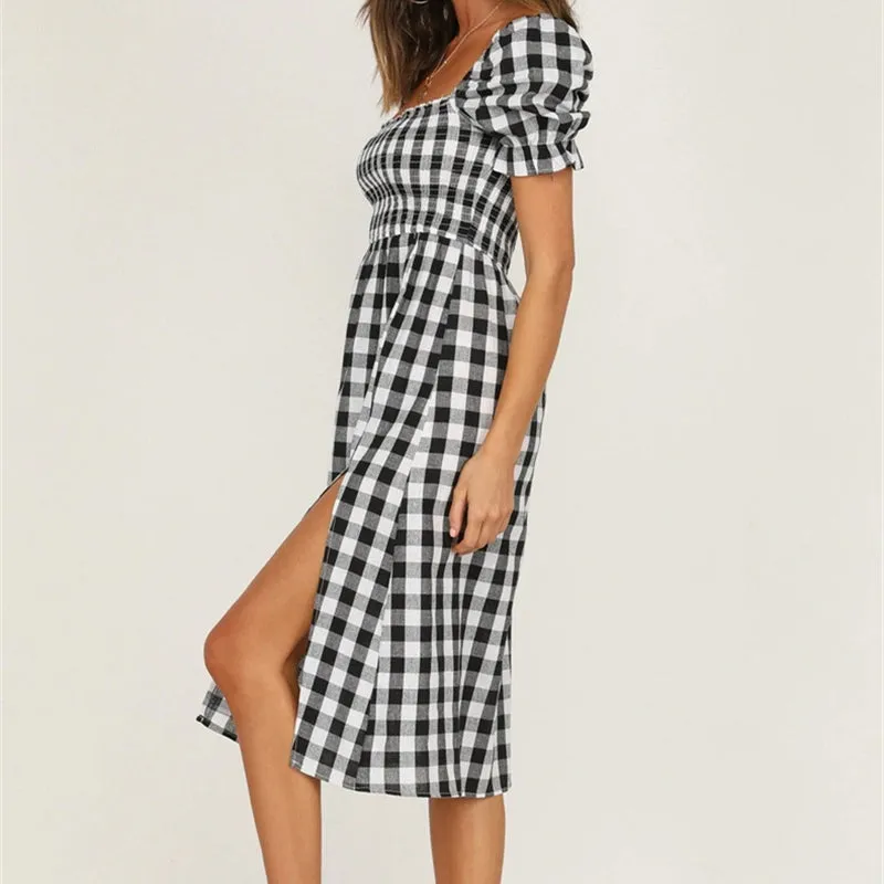 Women’s Square Neck Plaid Printed Puff Sleeve Split Dress