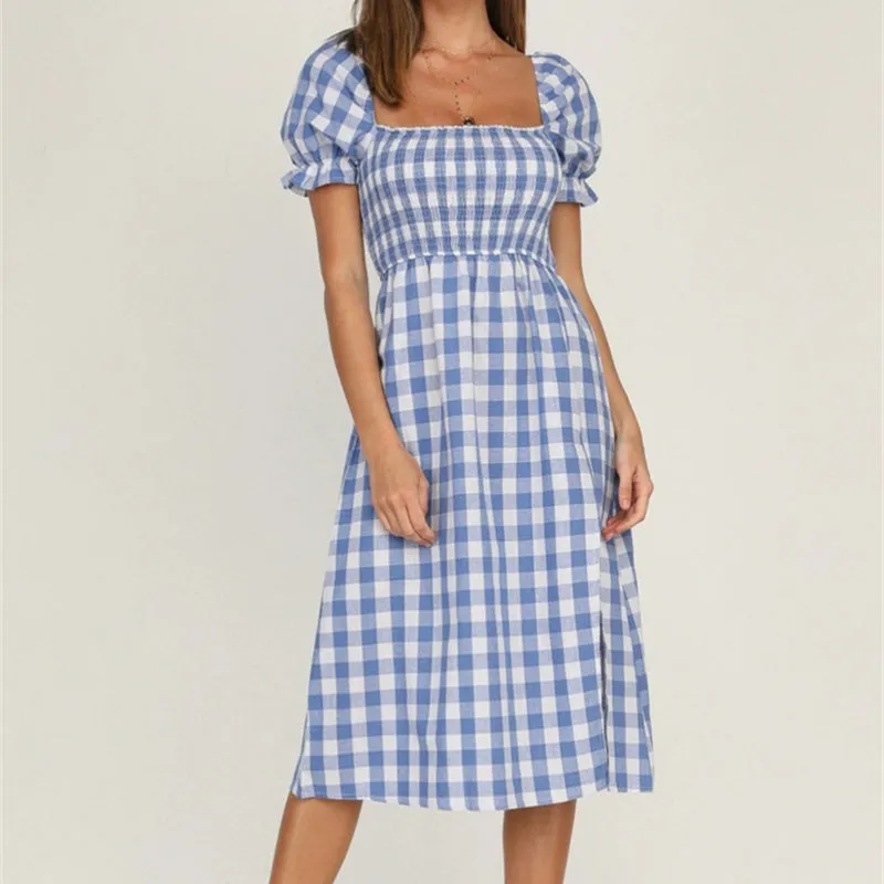 Women’s Square Neck Plaid Printed Puff Sleeve Split Dress