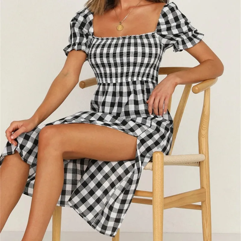 Women’s Square Neck Plaid Printed Puff Sleeve Split Dress