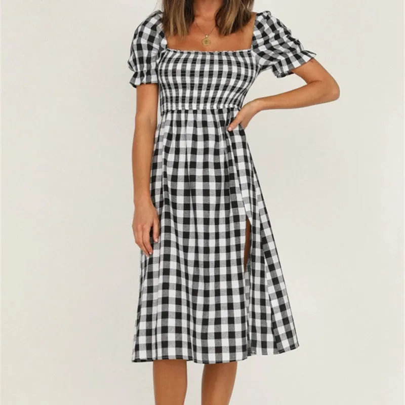 Women’s Square Neck Plaid Printed Puff Sleeve Split Dress